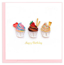 Load image into Gallery viewer, Greeting card with three quilled cupcakes with text Happy Birthday
