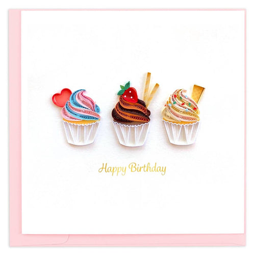 Greeting card with three quilled cupcakes with text Happy Birthday