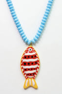 Vibrant Fish Pendant Beaded Necklace with red and yellow fish pendant and light blue necklace
