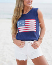 Load image into Gallery viewer, person in blue Crew Neck American Flag Knit Tank Top
