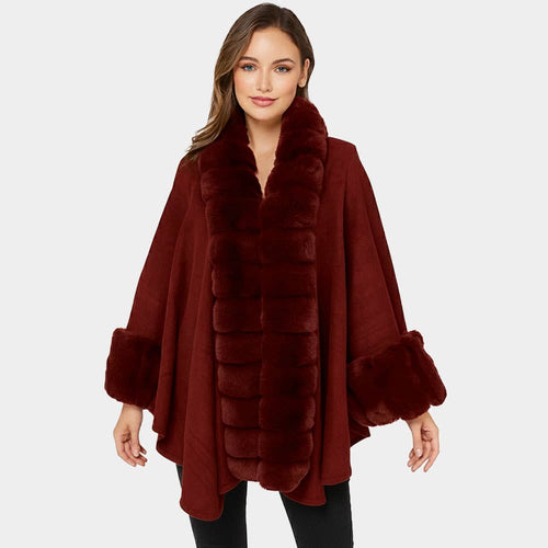 person wearing Luxury Faux Fur Trim Cape Shawl with 6