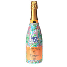 Load image into Gallery viewer, Champagne Bottle covered with the Happy Birthday Floral Bottle wrap text reads happy birthday Champagne cheers brut
