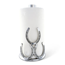 Load image into Gallery viewer, Horseshoe Towel Holder with three horseshoes in a silver color metal
