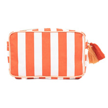 Load image into Gallery viewer, Megan Striped Cosmetic Bag orange and white stripes with two orange tassels on the zipper pull
