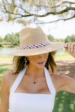 Load image into Gallery viewer, Tipsy Threads Natural Palm Sun Hat with white orange and blue cord
