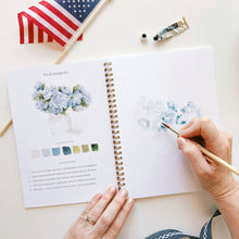 Load image into Gallery viewer, person painting a vase of blue hydrangeas
