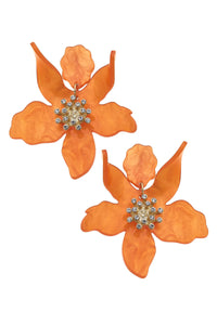 Chloe Resin Flower Statement Earrings in Orange
