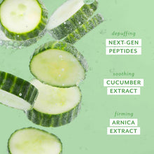 Load image into Gallery viewer, graphic with cucumbers and text depuffing soothing firming
