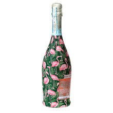 Load image into Gallery viewer, Champagne Bottle covered with the Palm Flamingo Club Bottle wrap side view
