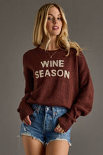Load image into Gallery viewer, woman in long sleeve maroon sweater with tan text reading wine season
