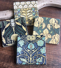 Load image into Gallery viewer, Blue Tapestry Stone Coasters four coasters with blue yellow or blue and green and yellow patterns
