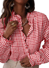 Load image into Gallery viewer, Gingham Check Plaid Ruffled Blouse  red and white
