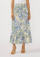 Convertible Smocked Skirt with a blue and pale green floral pattern against a cream colored background. The waist of the skirt is smocked 