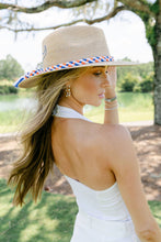 Load image into Gallery viewer, Tipsy Threads Natural Palm Sun Hat with embroidered gator and white orange and blue cord

