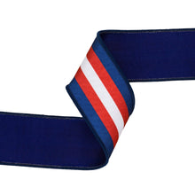 Load image into Gallery viewer, Wired Dupioni 2 1/2" Red/White/Blue Center Stripe w/ Blue Backing Ribbon  showing deep blue backing
