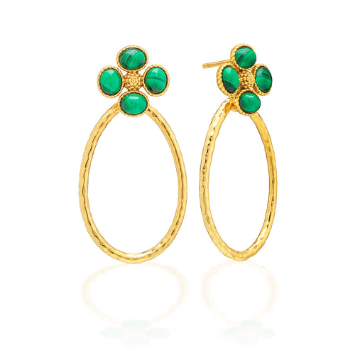 Capucine de Wulf Berry Clover Teardrop Earrings - Malachite - green Malachite clover with gold over loop below it