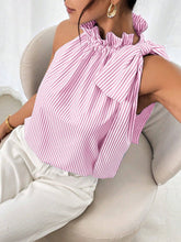 Load image into Gallery viewer, Fashion Striped Lace High Collar Tied Sleeveless Top in pink and white stripes

