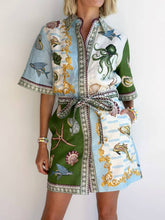 Load image into Gallery viewer, Halobios Belted Shirt Dress - Ocean Vibe printed with sea creatures 
