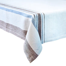 Load image into Gallery viewer, Juliska Danish Stripe Table cloth close-up on the corner brow and blue stripes 
