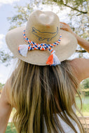 Tipsy Threads Natural Palm Sun Hat with embroidered gator and white orange and blue cord