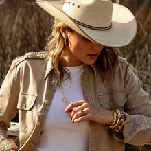 Load image into Gallery viewer, person in gold horse themed jewelry 
