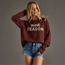 Load image into Gallery viewer, woman in long sleeve maroon sweater with tan text reading wine season
