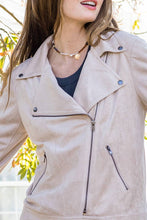 Load image into Gallery viewer, close up of person wearing Suede Moto Jacket in Grey

