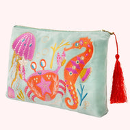 Velvet Zip Pouch - Seashore Friends - Aqua