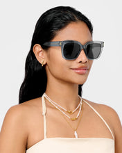 Load image into Gallery viewer, person wearing overside transparent blue frames with black lenses 
