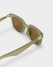 Load image into Gallery viewer, Katie Loxton Manhattan Square square framed Sunglasses with transparent green frames brown lenses and gold accents side view to show gold hinge on arm
