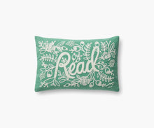 Load image into Gallery viewer, blue green pillow with white embroidery with text Read

