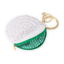 Load image into Gallery viewer, Mary Golf Ball Beaded Coin Purse White with zipper open to show the white and green stripe interior 
