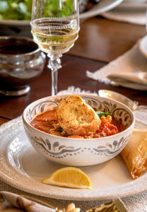 Fish chowder served in Iberian Bowl on Le Panier Dinner Plate