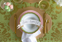 Load image into Gallery viewer,  green paper with gold Damask pattern  set with a place setting 

