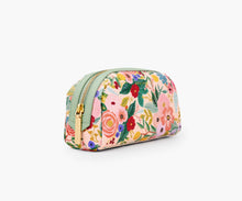 Load image into Gallery viewer, Garden Party Small Cosmetic Pouch showing gold zipper with green lining 
