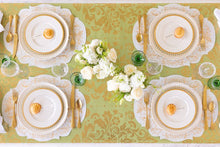 Load image into Gallery viewer,  green paper with gold Damask pattern on a table set with 4 place setting
