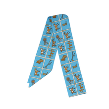Load image into Gallery viewer, Equestrian Themed Design Skinny Scarf in blues and browns
