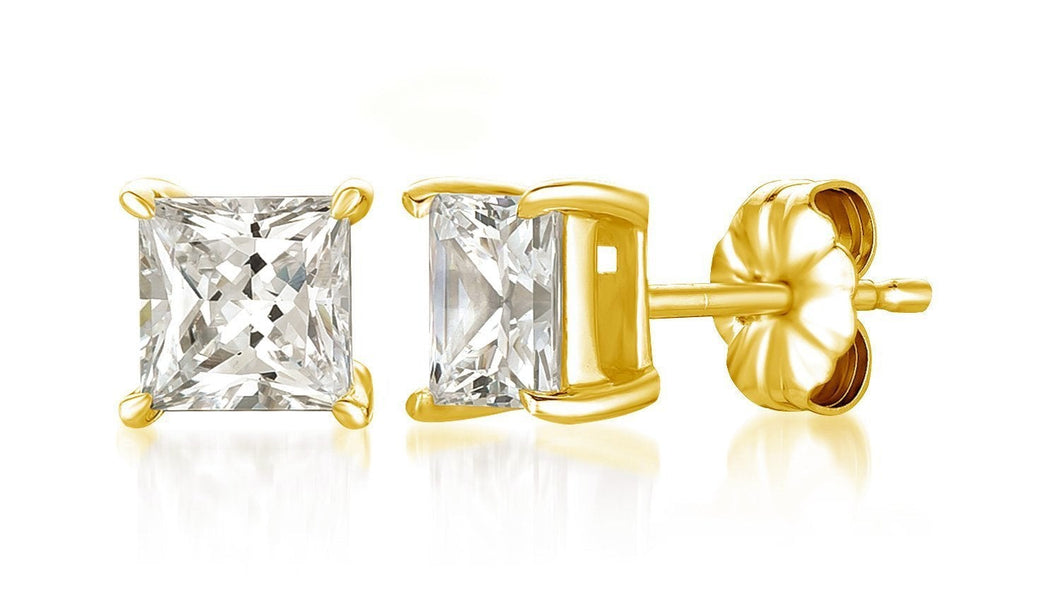 Crislu Solitaire Princess Stud Earrings Finished in 18kt Yellow Gold - 3.00 cttw