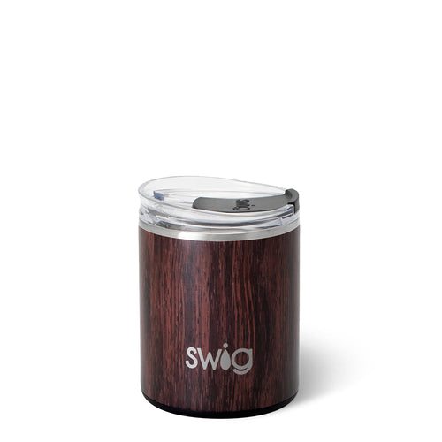 short insulated Tumbler with a woodgrain design and lid