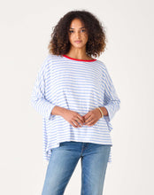 Load image into Gallery viewer, person wearing Mersea Catalina Slub Stripe Ringer Tee white and light blue paired with blue jeans
