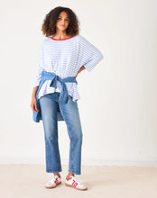 Load image into Gallery viewer, person wearing Mersea Catalina Slub Stripe Ringer Tee white and light blue paired with blue jeans
