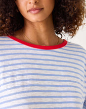 Load image into Gallery viewer, person wearing Mersea Catalina Slub Stripe Ringer Tee white and light blue  close up of red collar

