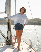 Load image into Gallery viewer, person on a boat wearing Mersea Catalina Slub Stripe Ringer Tee white and light blue 
