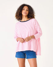Load image into Gallery viewer, person wearing Mersea Catalina Slub Stripe Ringer Tee white and pink paired with blue shorts
