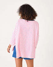 Load image into Gallery viewer, person wearing Mersea Catalina Slub Stripe Ringer Tee white and pink paired with blue shorts back view
