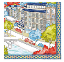 Load image into Gallery viewer, close up of Longchamp Ponts De Paris Silk Scarf with Paris street scene print
