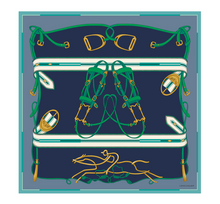 Load image into Gallery viewer, Longchamp Silk Noveau Sellier Scarf Slate - Blue, green, grey and gold print with Longchamp horse logo and bridals and stirrups  
