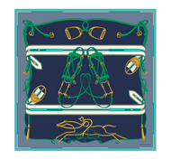 Longchamp Silk Noveau Sellier Scarf Slate - Blue, green, grey and gold print with Longchamp horse logo and bridals and stirrups  