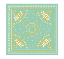 Load image into Gallery viewer, Longchamp Paris Silk Scaf with images of the eiffel tower and the text PARIS in green and white over a Celadon mint green background
