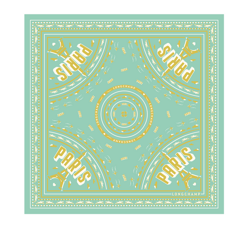 Longchamp Paris Silk Scaf with images of the eiffel tower and the text PARIS in green and white over a Celadon mint green background